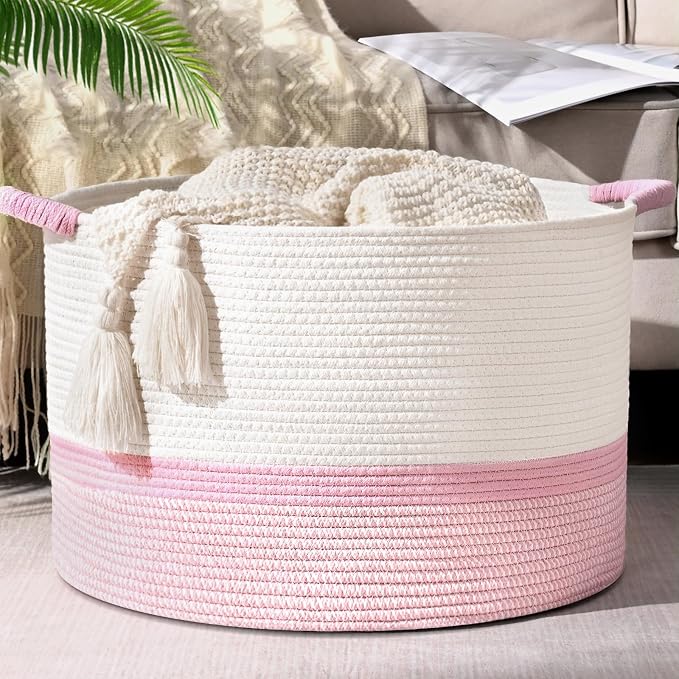 67L Large Blanket Basket, Cotton Rope Blanket Basket Living Room, Baby Laundry by Degeyoyo