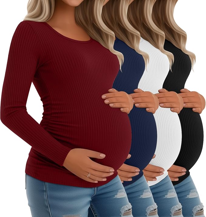 Riyiper 4 Pack Women's Maternity Shirts, Long Sleeve Cotton Ribbed Pregnancy by Riyiper