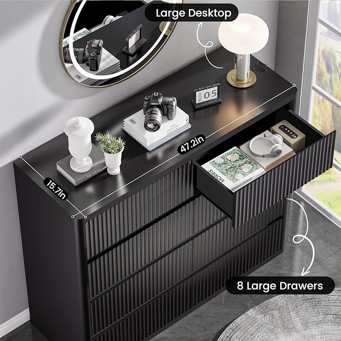 Black Dresser for Bedroom, 8 Drawers Double Fluted Dressers, Modern Chest of - Image 5