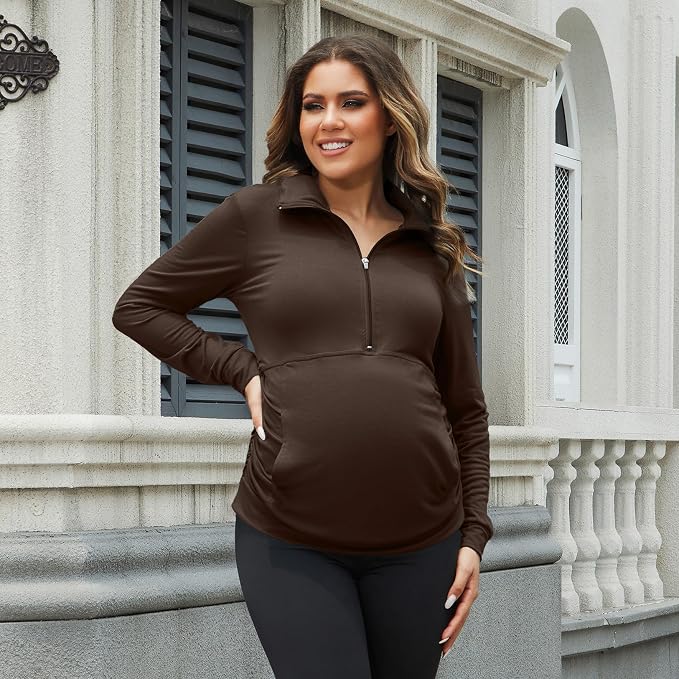 GINKANA Maternity Women's Long Sleeve Shirt Half Zipper Lapel Lightweight - Image 4
