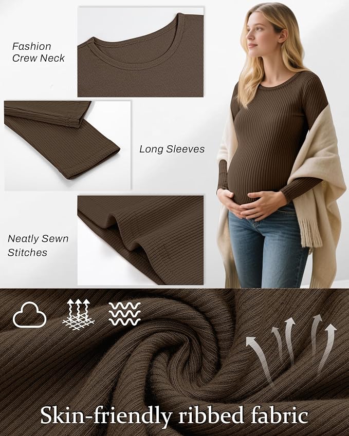 Riyiper 3 Pack Women's Maternity Shirts Long Sleeve Ribbed Knit Pregnancy Tees - Image 3