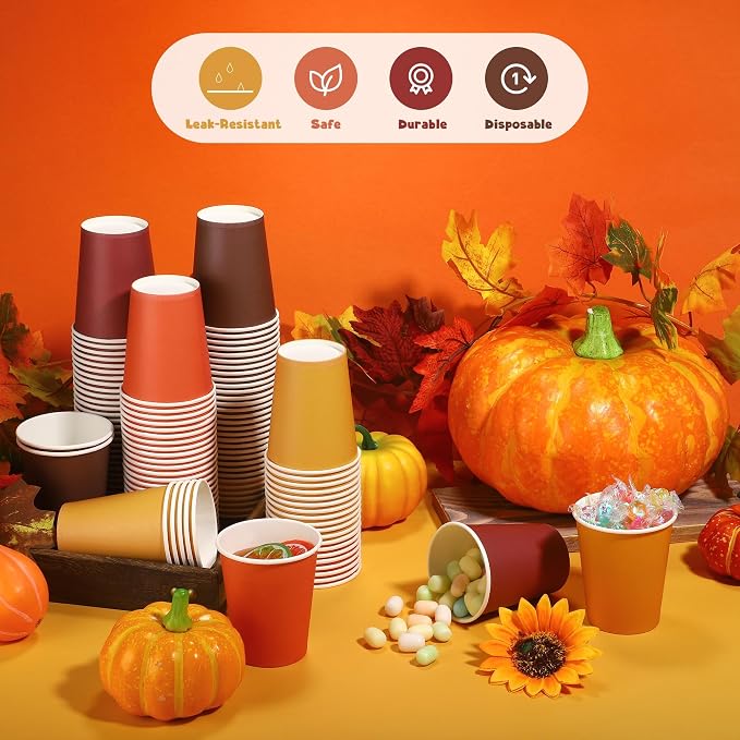 URATOT 120 Pieces 9 Ounce Disposable Paper Cups Autumn Color Party Cups - Image 4