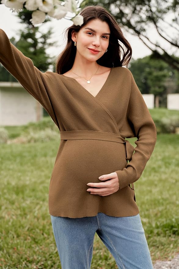 OUGES Womens Soft Cotton Blend Maternity Sweater Wrap V Neck Long Sleeve V Back - Image 4