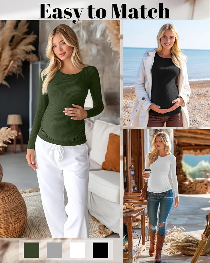 Huukeay 4 Pack Women's Maternity Shirts, Long Sleeve Cotton Ribbed Pregnancy - Image 4