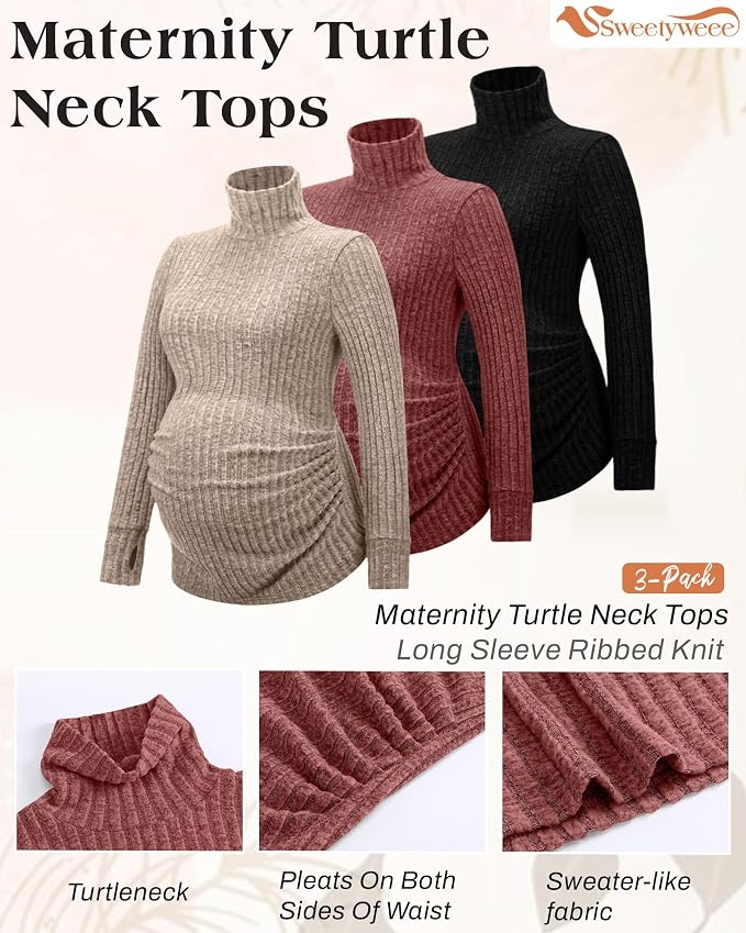 3 Pack Maternity T-Shirts Pregnancy Tops Women Sweater Long Sleeve Turtleneck - Image 3
