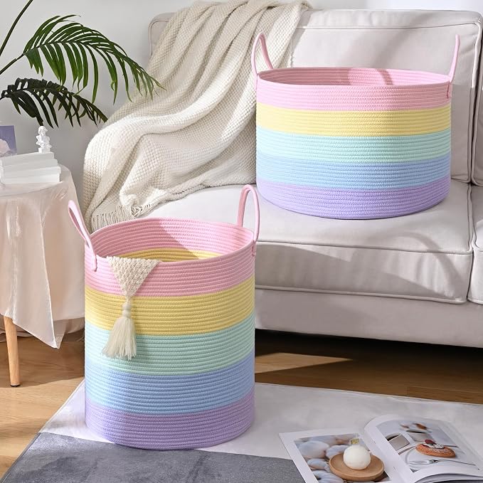 52L Rainbow Storage Basket for Organizing, Cotton Rope Woven Blanket Basket - Image 7