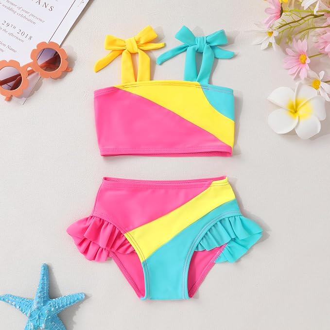 YOUNGER TREE Toddler Girls Two Pieces Swimsuit Color Block Stripe Swimwear - Image 2