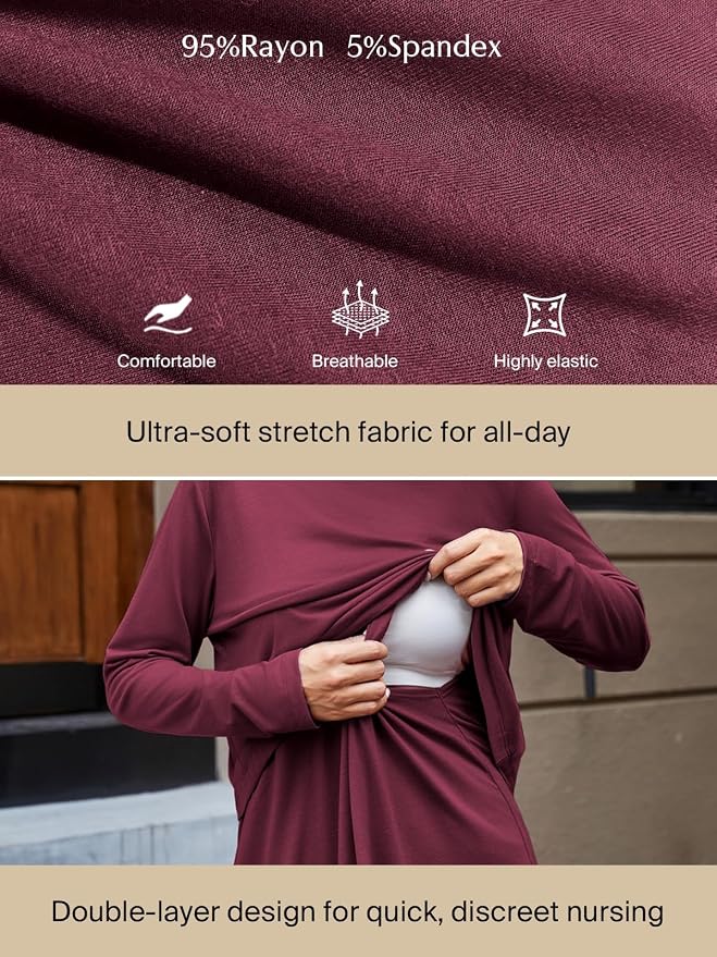 Ecavus Women's 3Pack Maternity Nursing Shirts Long Sleeve Double Layer - Image 3