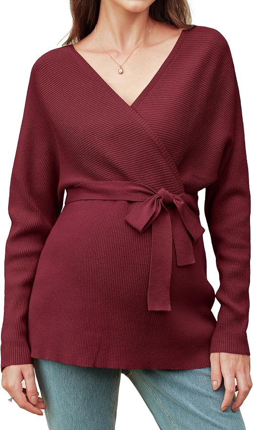 OUGES Womens Soft Cotton Blend Maternity Sweater Wrap V Neck Long Sleeve V Back by OUGES
