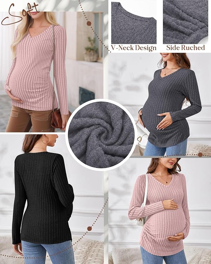 Ficerd 3 Pack Women's Maternity Shirts Ribbed Long Sleeve Pregnancy Tops V Neck - Image 4