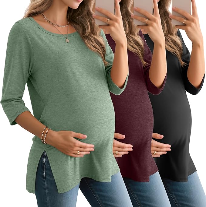 3 Pack Women's 3/4 Sleeve Maternity Shirts Elbow Length Clothes Round Neck by Baggyfly