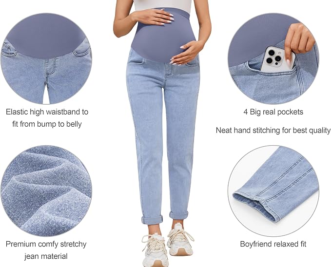 POSHGLAM Women's Maternity Jeans Over Belly Comfy Stretch 28'' Boyfriend Jeans - Image 2