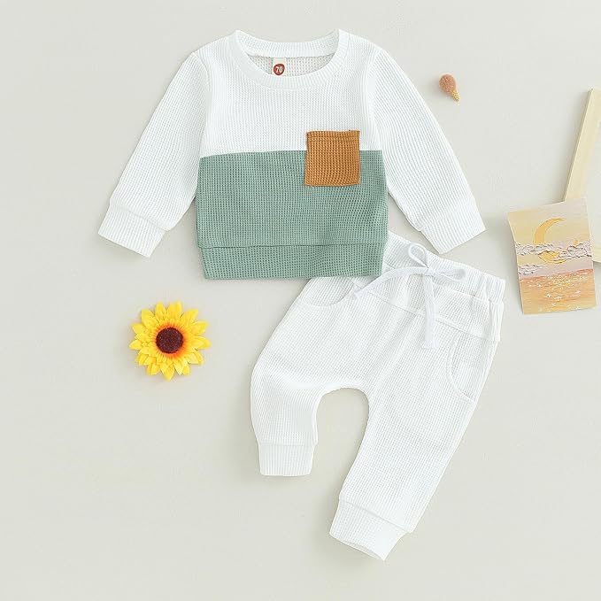 Toddler Baby Boy Fall Clothes Waffle Contrast Color Sweatshirt Pants Sets - Image 2
