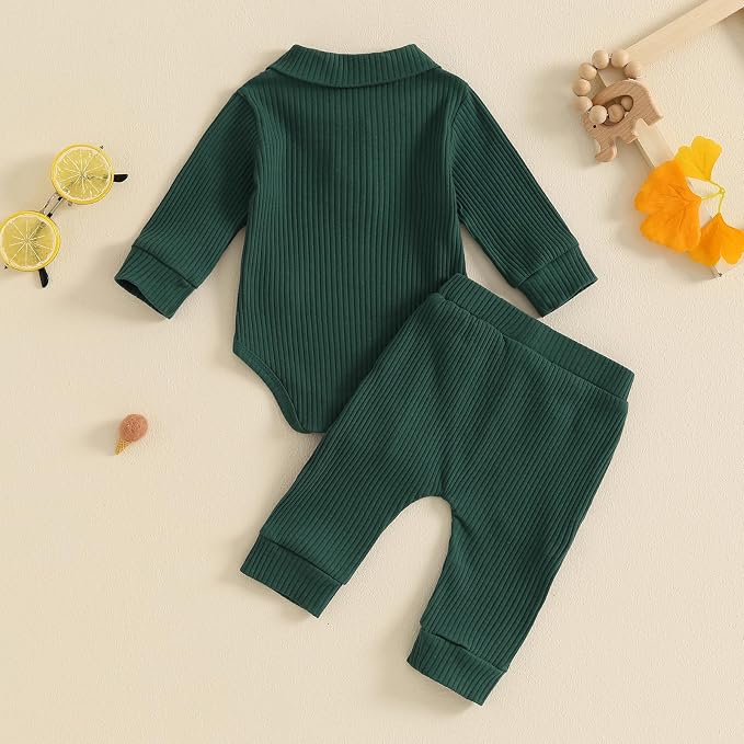 Newborn Baby Boy Girl Clothes Ribbed Knitted Long Sleeve Romper Pants Solid - Image 3