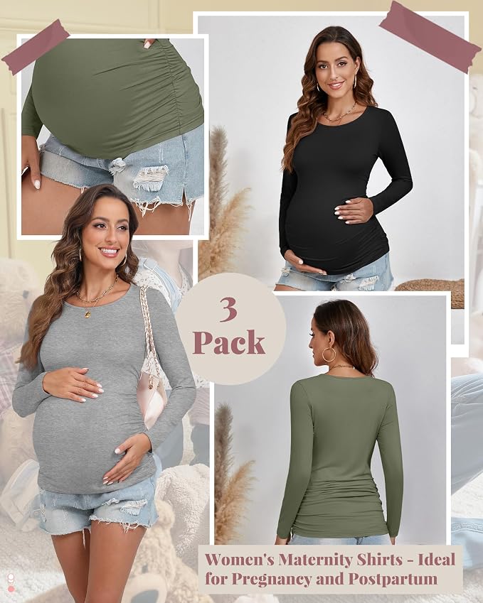 Ficerd 3 Pack Women's Maternity Shirts, Long Sleeve Side Ruched Pregnancy Tee - Image 3