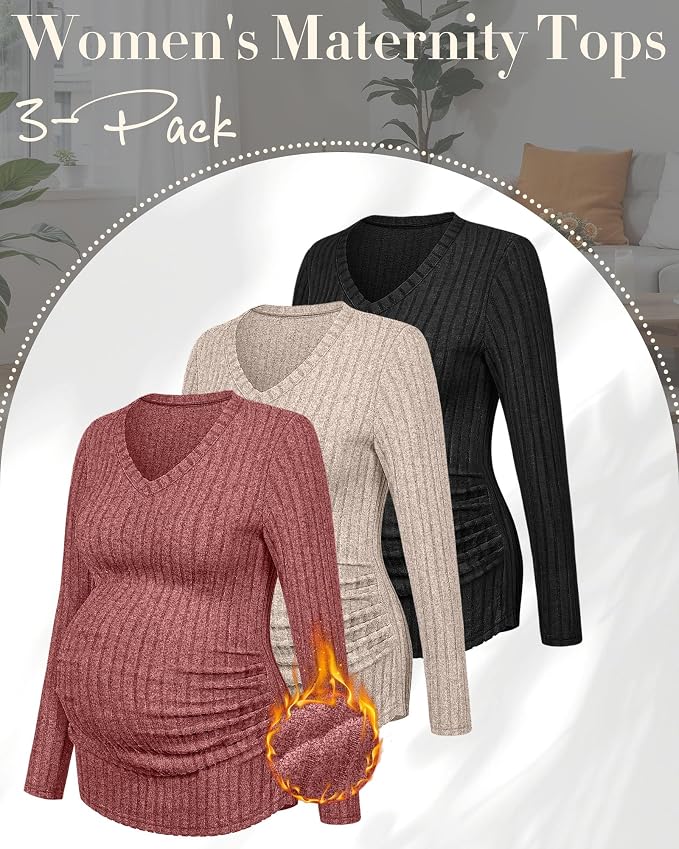 Ficerd 3 Pack Women's Maternity Shirts Ribbed Long Sleeve Pregnancy Tops V Neck - Image 3