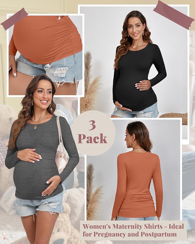 Ficerd 3 Pack Women's Maternity Shirts, Long Sleeve Side Ruched Pregnancy Tee - Image 3
