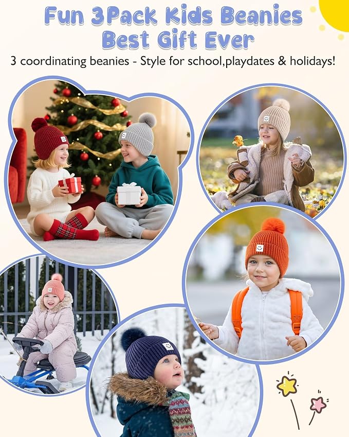3 Pack Baby Winter Hats with Earflaps, 2 Size Kids Pom Pom Beanie - Image 7
