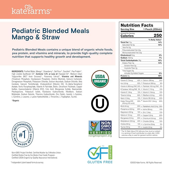 KATE FARMS Organic Pediatric Blended Meal, Mango and Strawberry, 8g protein - Image 2