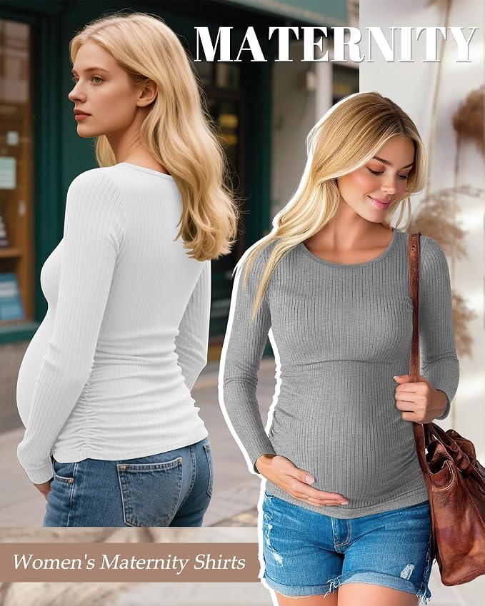 Huukeay 4 Pack Women's Maternity Shirts, Long Sleeve Cotton Ribbed Pregnancy - Image 2