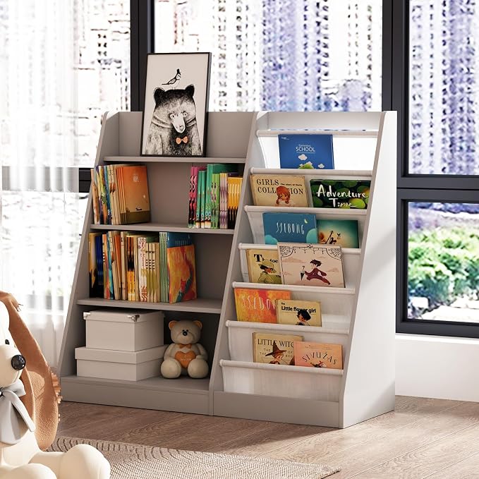 Gray Kids Bookshelf for Nursery Toddler Baby Sling Book Rack Adjustable Shelf - Image 7