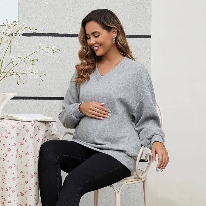 GINKANA Maternity Long Sleeve Shirts V Neck Sweatshirt Casual Tunic Tops - Image 4