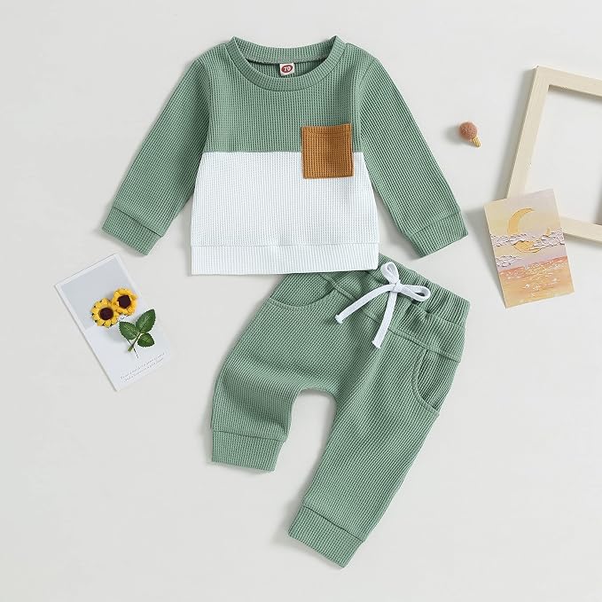 Toddler Baby Boy Fall Clothes Waffle Contrast Color Sweatshirt Pants Sets - Image 2