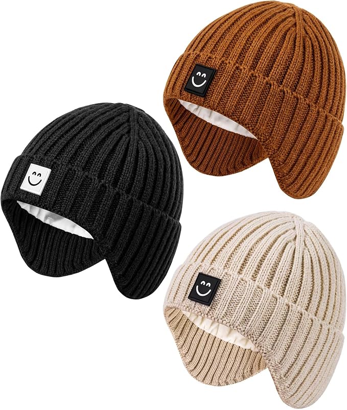 3 Pack Baby Beanie Hats with Earflaps, 2 Size Baby Winter Hat by Alepo