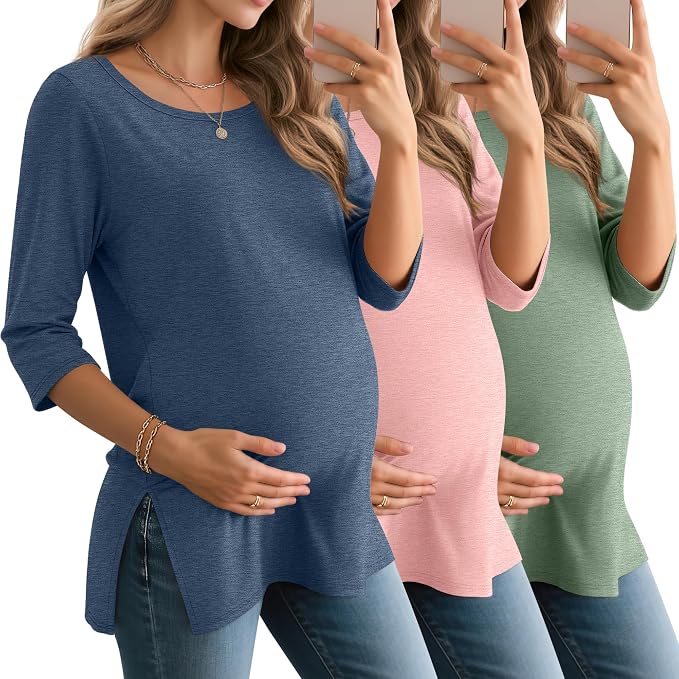 3 Pack Women's 3/4 Sleeve Maternity Shirts Elbow Length Clothes Round Neck by Baggyfly
