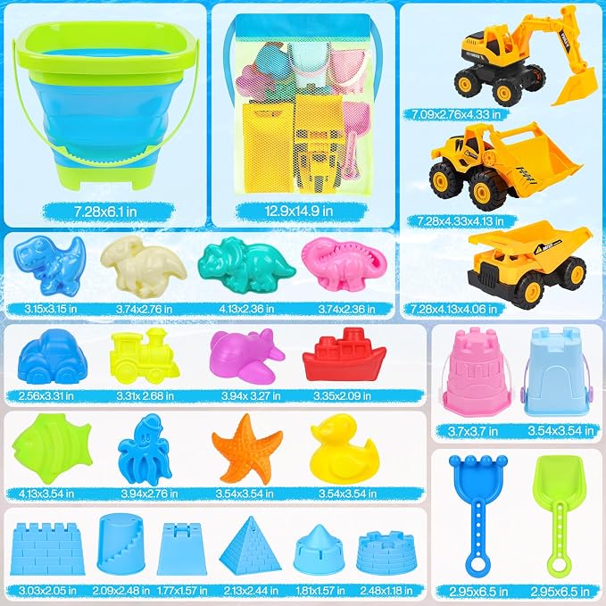 Beach Toys, 3 Collapsible Beach Bucket, Sand Castle Building Kit, Sand Molds - Image 6