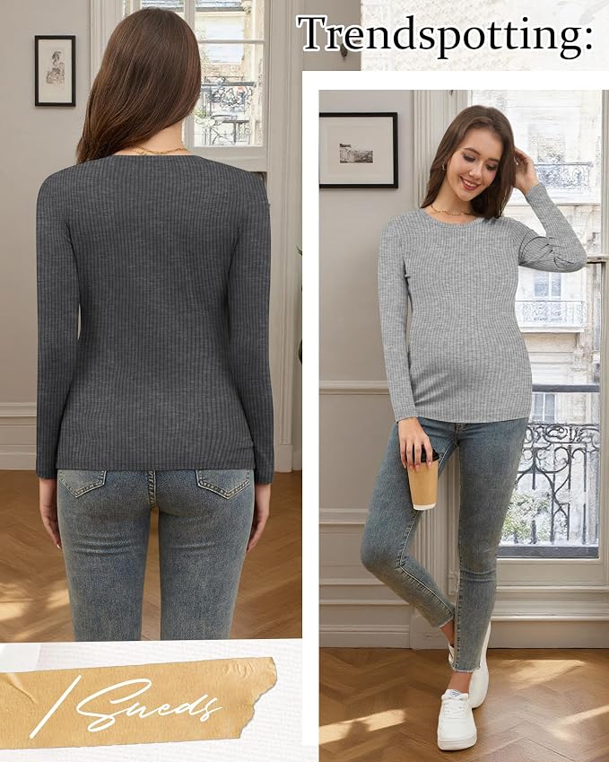 Riyiper 3 Pack Women's Maternity Shirts Long Sleeve Ribbed Knit Pregnancy Tees - Image 4
