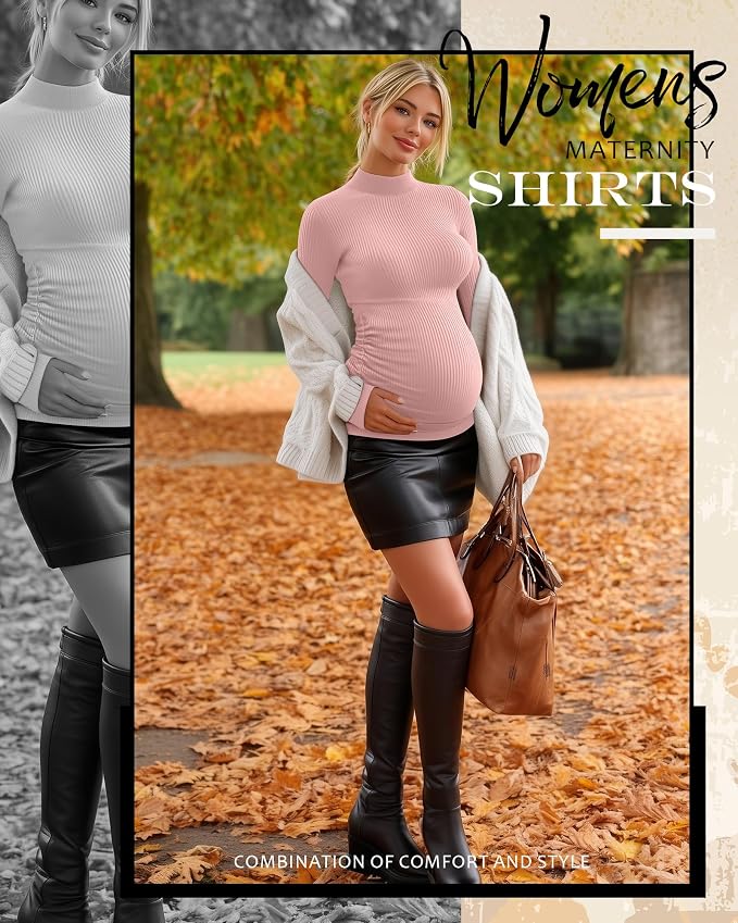 4 Packs Womens Maternity Shirts Long Sleeve Cotton Ribbed Pregnancy Mock Neck - Image 2
