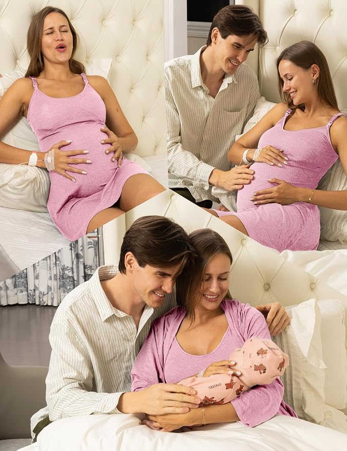 SUNNYBUY Women's Nursing Nightgown Maternity Robe Set, 3 in 1 Labor Delivery - Image 6