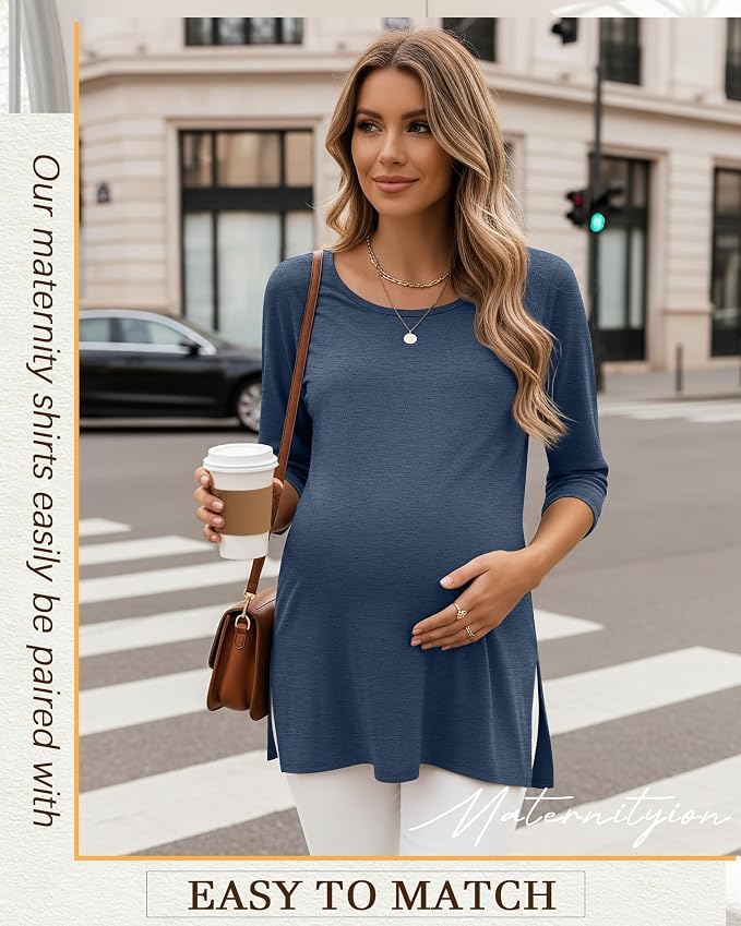 3 Pack Women's 3/4 Sleeve Maternity Shirts Elbow Length Clothes Round Neck - Image 2