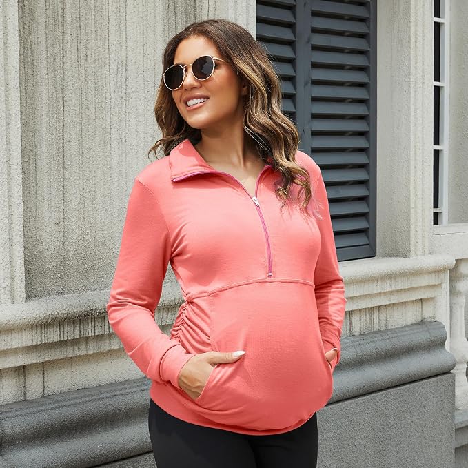 GINKANA Maternity Women's Long Sleeve Shirt Half Zipper Lapel Lightweight - Image 3