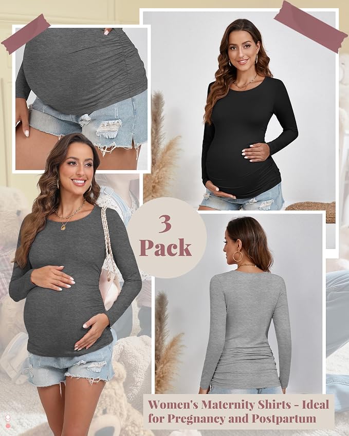 Ficerd 3 Pack Women's Maternity Shirts, Long Sleeve Side Ruched Pregnancy Tee - Image 3