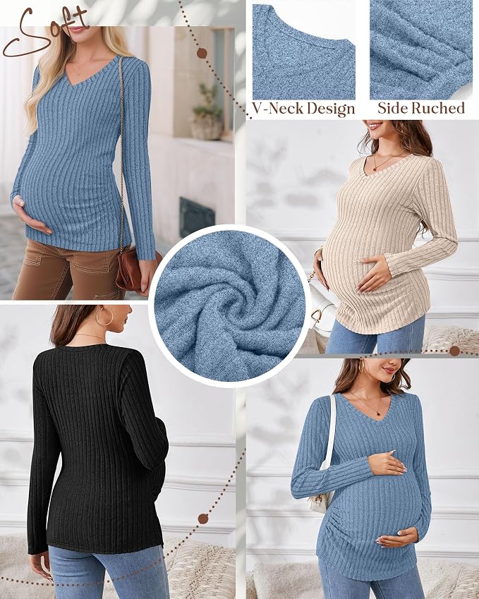 Ficerd 3 Pack Women's Maternity Shirts Ribbed Long Sleeve Pregnancy Tops V Neck - Image 4