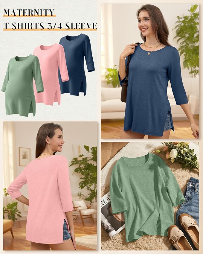 3 Pack Women's 3/4 Sleeve Maternity Shirts Elbow Length Clothes Round Neck - Image 3