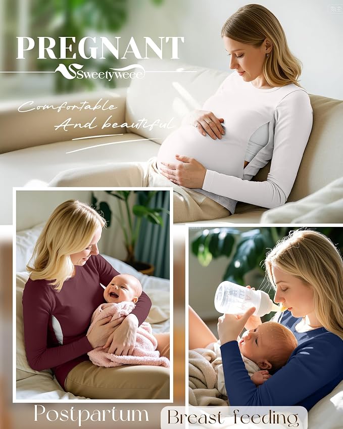 4 Pack Women's Nursing Breastfeeding Tops, Long Sleeve Maternity Shirts Loose - Image 2