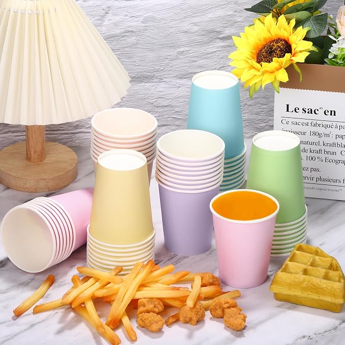 URATOT 120 Pieces 9 Ounce Disposable Paper Cups Pastel Rainbow Party Cups - Image 4