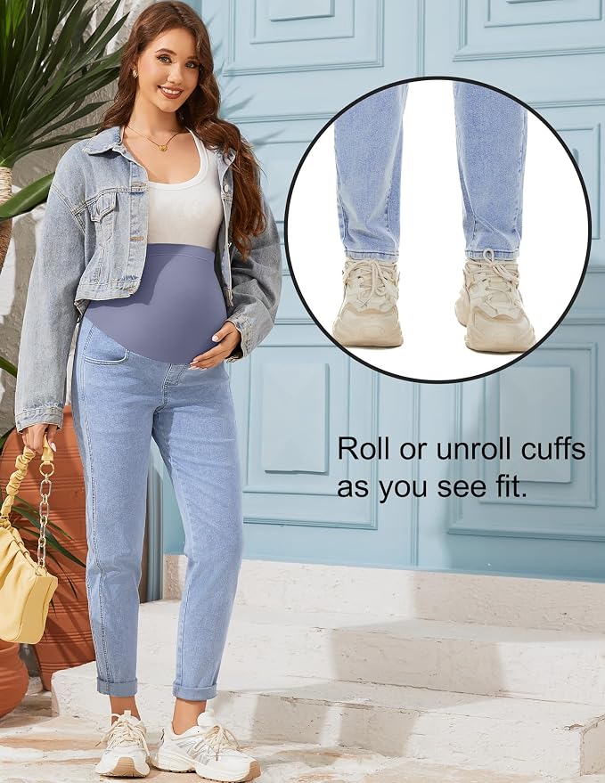 POSHGLAM Women's Maternity Jeans Over Belly Comfy Stretch 28'' Boyfriend Jeans - Image 3