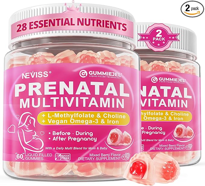 Prenatal Multivitamin Gummy for Women w/Methylfolate 1mg, Iron Choline Omega-3 by Neviss