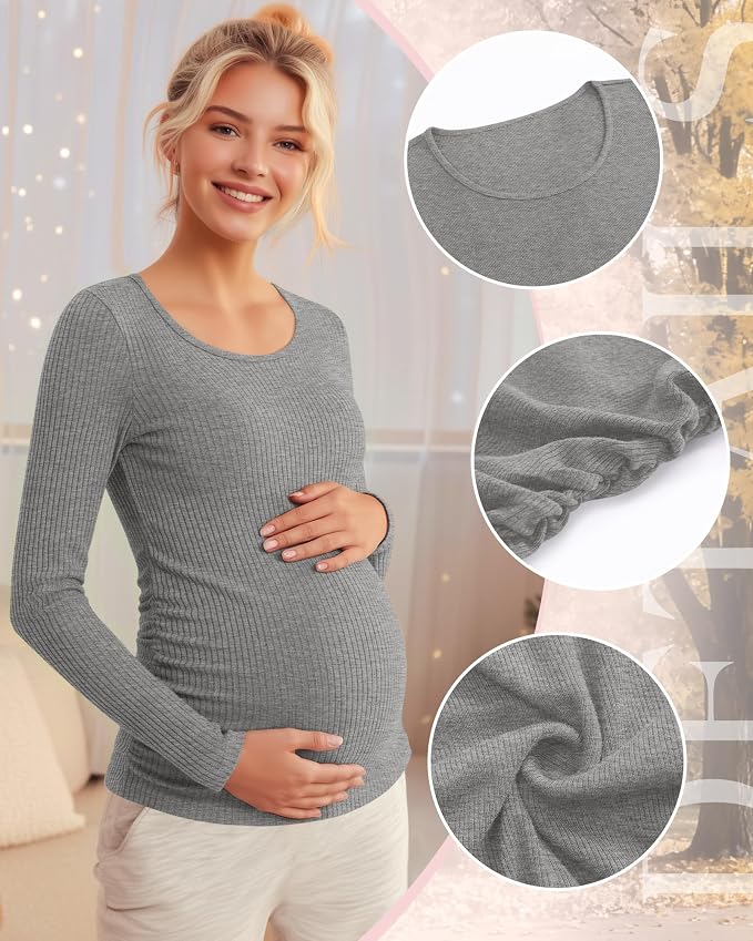 Riyiper 4 Pack Women's Maternity Shirts, Long Sleeve Cotton Ribbed Pregnancy - Image 5
