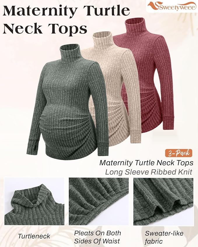 3 Pack Maternity T-Shirts Pregnancy Tops Women Sweater Long Sleeve Turtleneck - Image 3