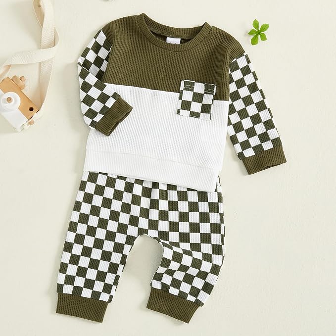 Toddler Baby Boy Fall Clothes Waffle Outfit Long Sleeve Color Blocking - Image 6