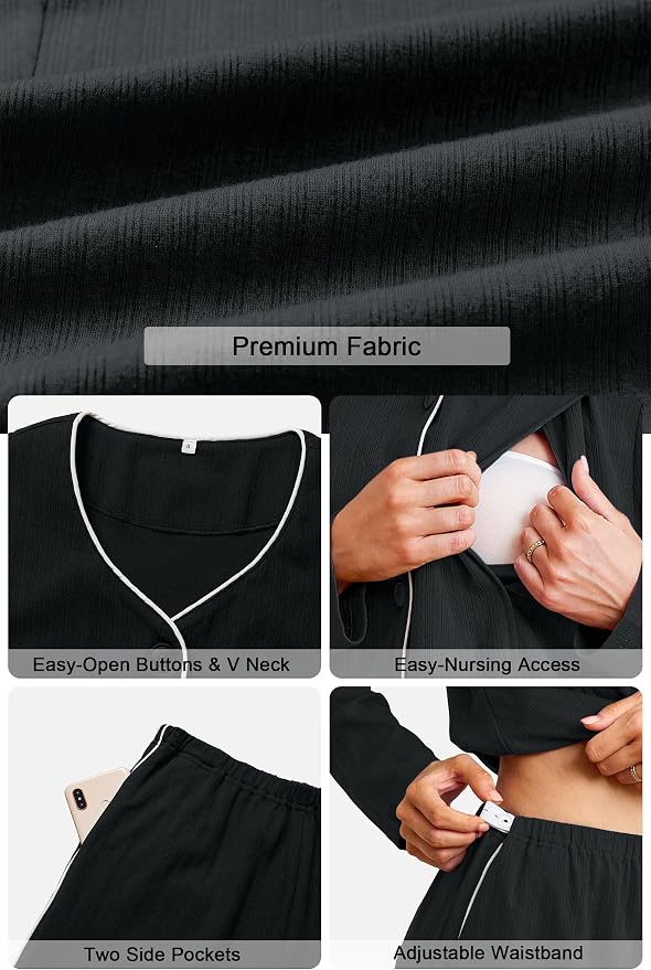 OUGES 100% Cotton Women's Maternity Nursing Pajamas Sets Button Down - Image 6