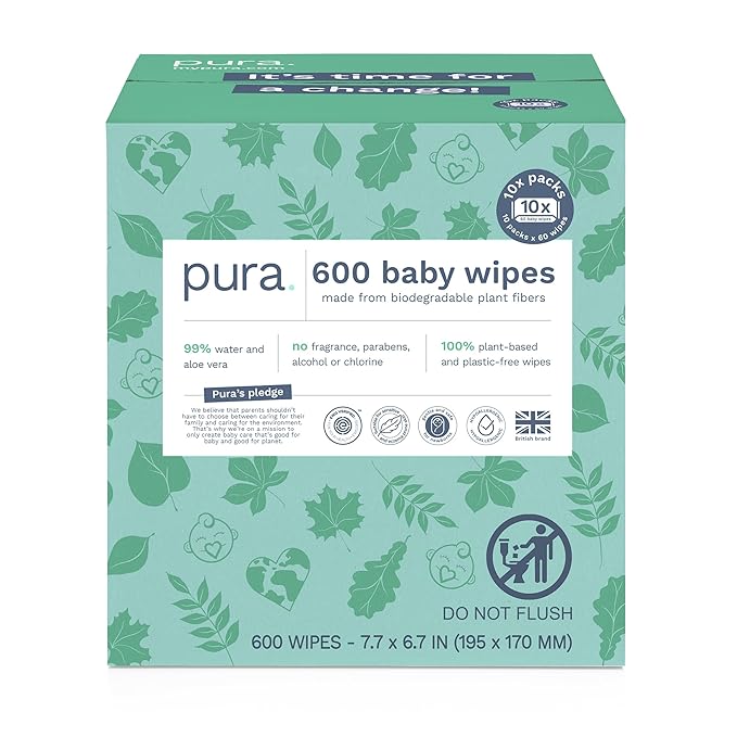 Pura Natural Sensitive Baby Wipes, 99% Water, Unscented & Hypoallergenic by MyPura