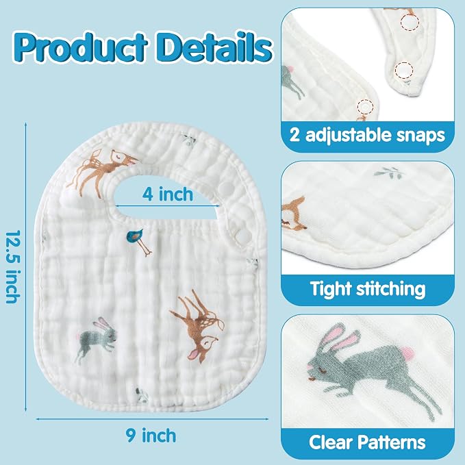 Zainpe 6Pcs Snap Muslin Cotton Baby Bibs Owl Fox Leaf Bear Bib - Image 2