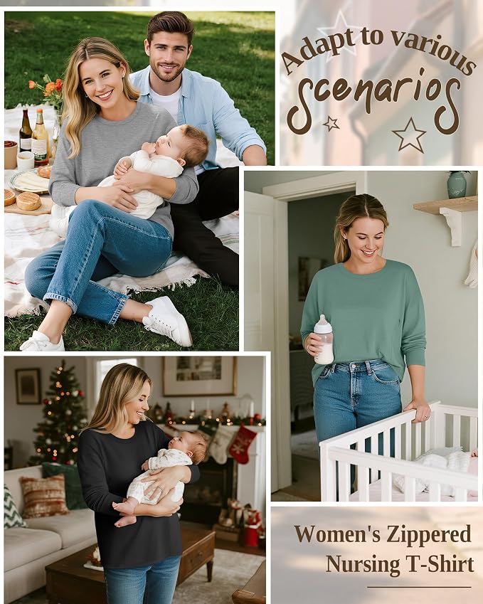 3 Pack Women's Nursing Breastfeeding Tops, Long Sleeve Maternity Shirts - Image 2