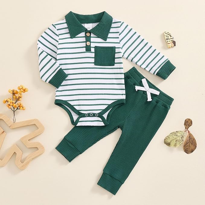 Newborn Baby Boy Girl Clothes Ribbed Knitted Long Sleeve Romper Pants Solid - Image 2